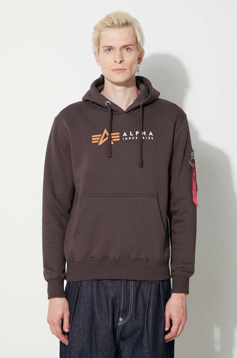 Alpha Industries bluza Alpha Label Hoody męska kolor brązowy z kapturem z nadrukiem 118331.696