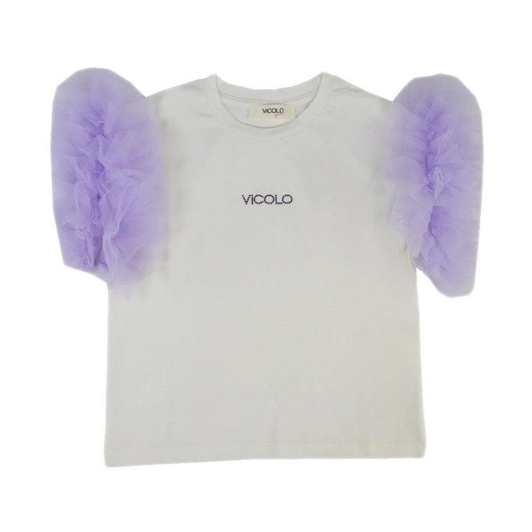 T-shirt z tiulowymi rękawami w kremie ViCOLO