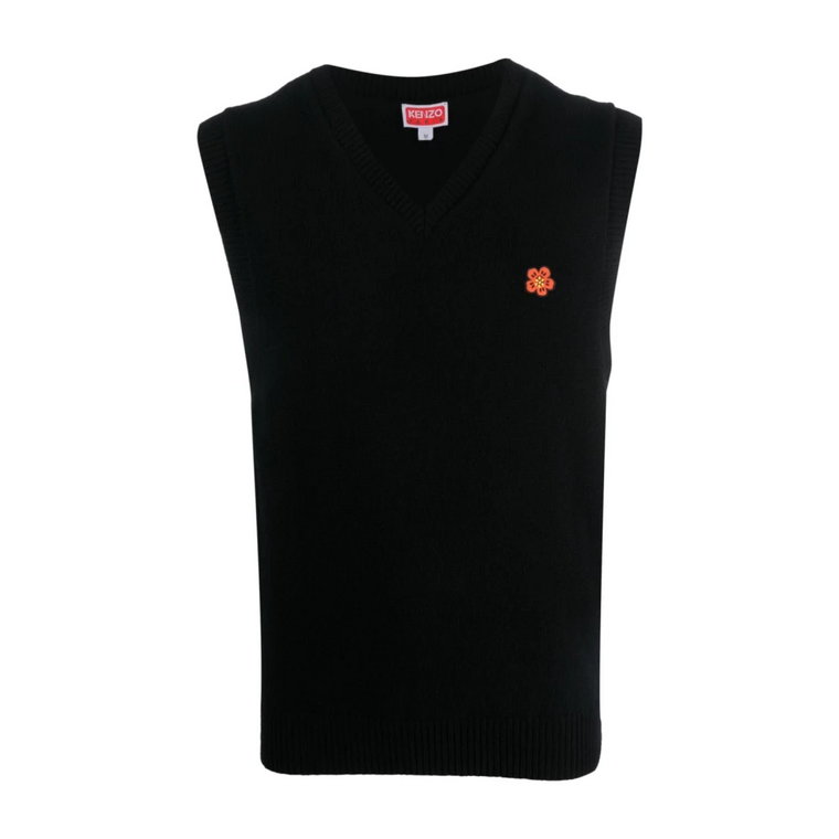 Czarny Wełniany T-Shirt Polo Kamizelka Kenzo