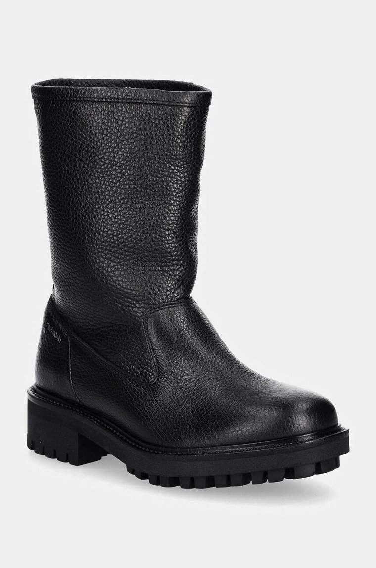 Calvin Klein botki skórzane FLAT BIKER BOOT LTH damskie kolor czarny na platformie HW0HW02234