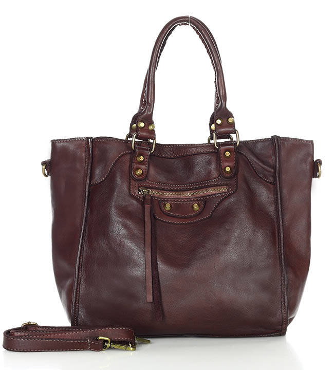 Icona - Skórzany shopper bag torebka do ręki Włoski bordowa
