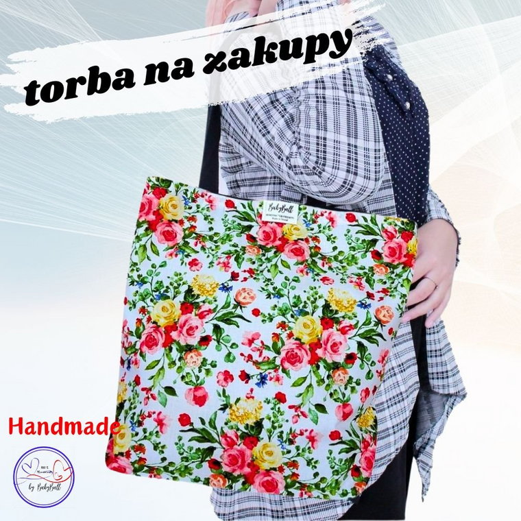 Torba siatka na zakupy bawełniana torebka kolorowa shopperka HANDMADE- BUKIETY KWIATÓW