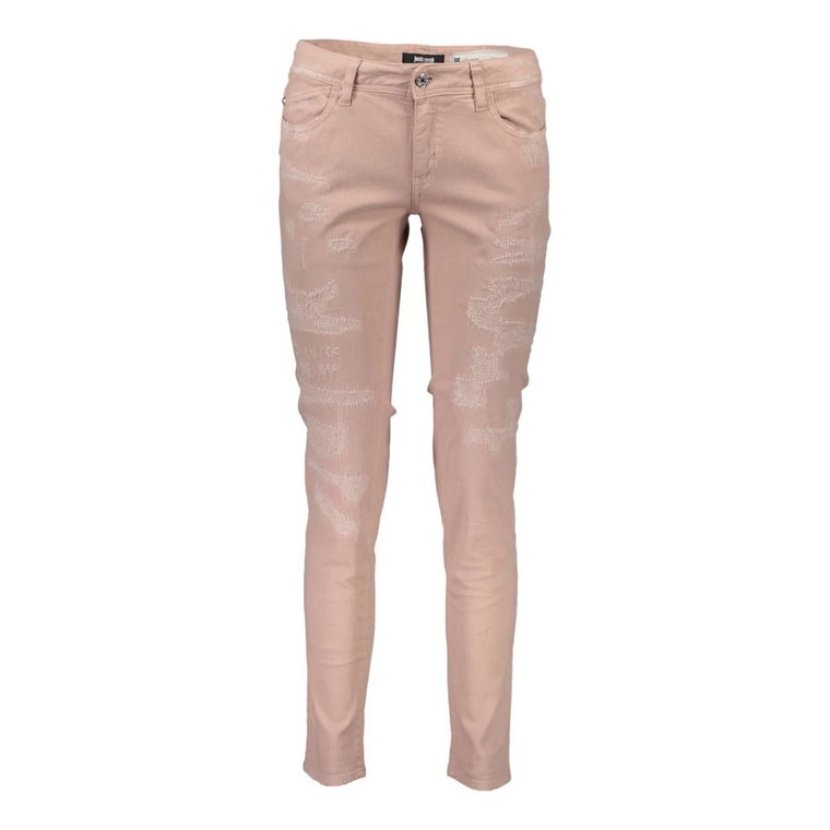 Różowe jeansy i spodnie z bawełny, efekt zużycia, logo Just Cavalli