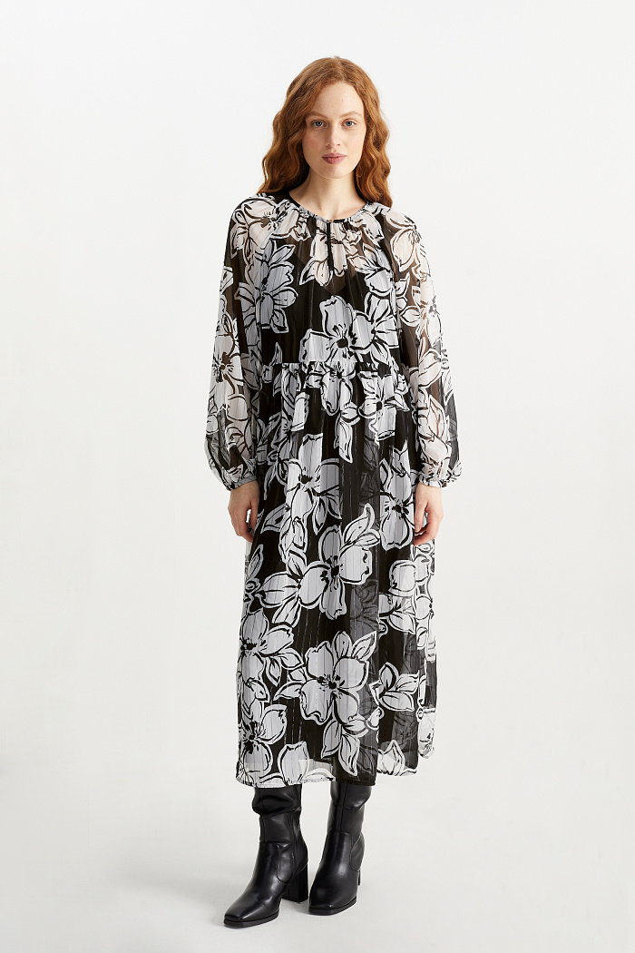C&A Sukienka z szyfonu-w kwiatki, Czarny, Rozmiar: 34