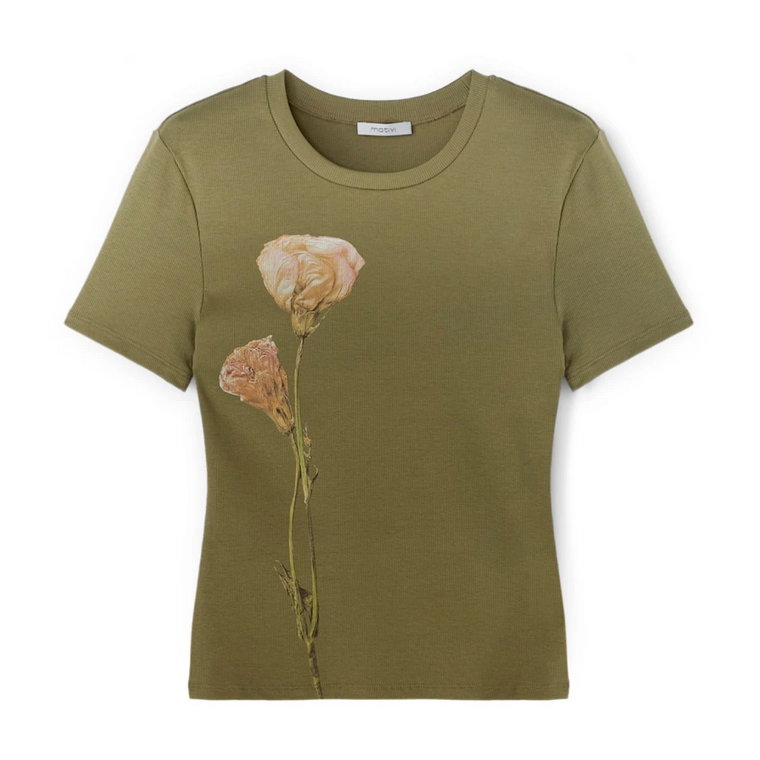 T-shirt z żebrowanym materiałem i nadrukiem kwiatowym Motivi
