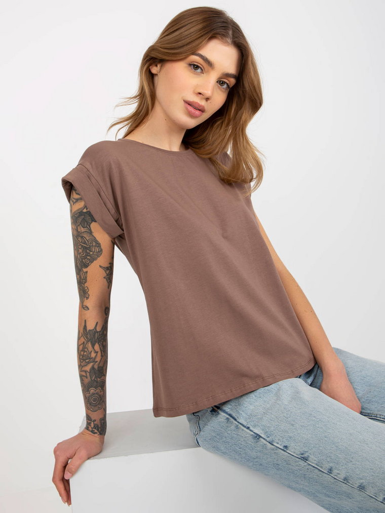 T-shirt jednokolorowy brązowy casual dekolt okrągły rękaw krótki