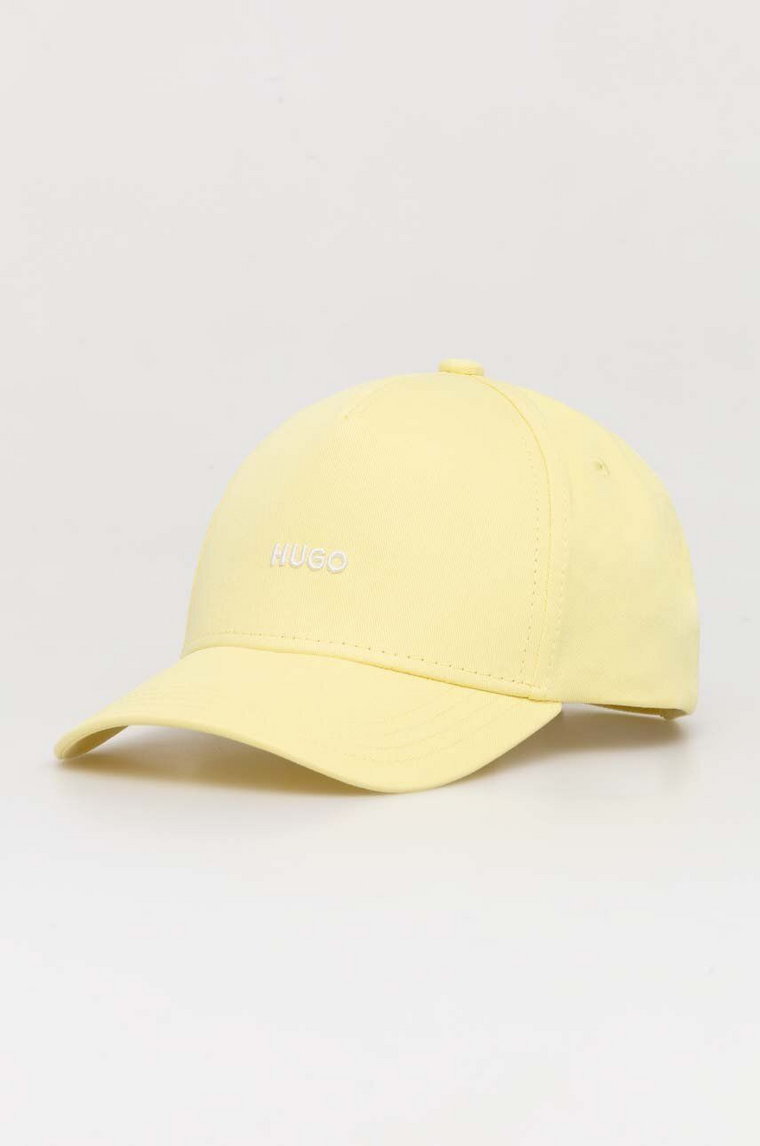 HUGO czapka z daszkiem bawełniana kolor żółty z nadrukiem