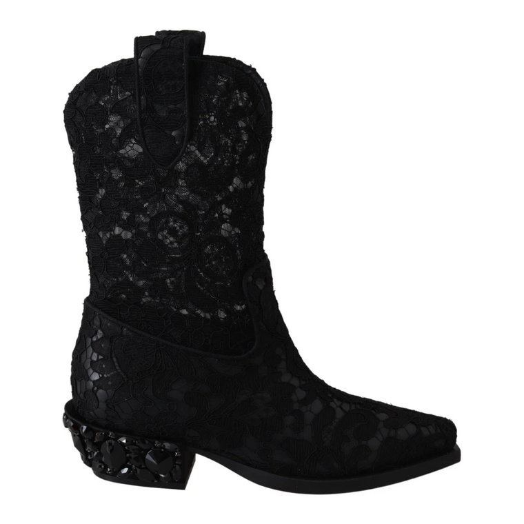 Black Lace Taormina Ankle Cowboy Crystal Shoes Dolce & Gabbana