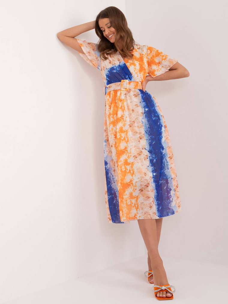 Sukienka z printem pomarańczowy codzienna rękaw krótki długość midi pasek z podszewką