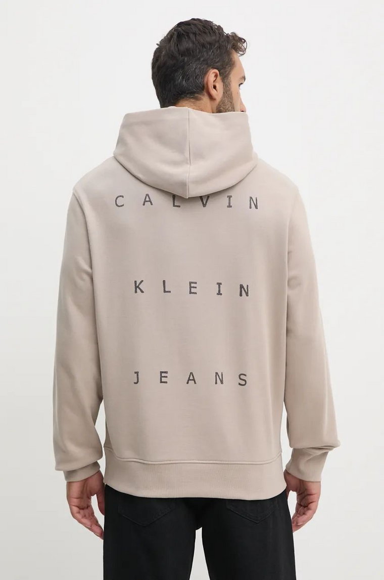 Calvin Klein Jeans bluza bawełniana męska kolor beżowy z kapturem z nadrukiem J30J327318