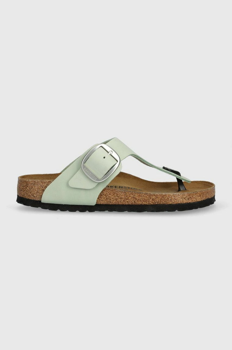 Birkenstock japonki nubukowe Gizeh Big Buckle kolor zielony na płaskim obcasie 1024046