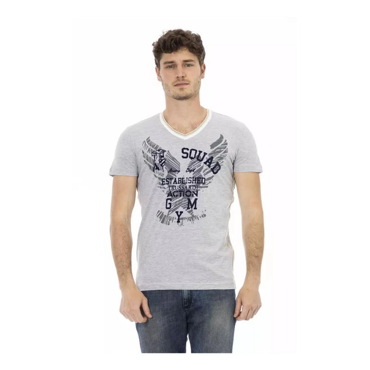 Szara T-Shirt z Dekoltem w Literę V i Nadrukiem na Przodzie dla Mężczyzn Trussardi