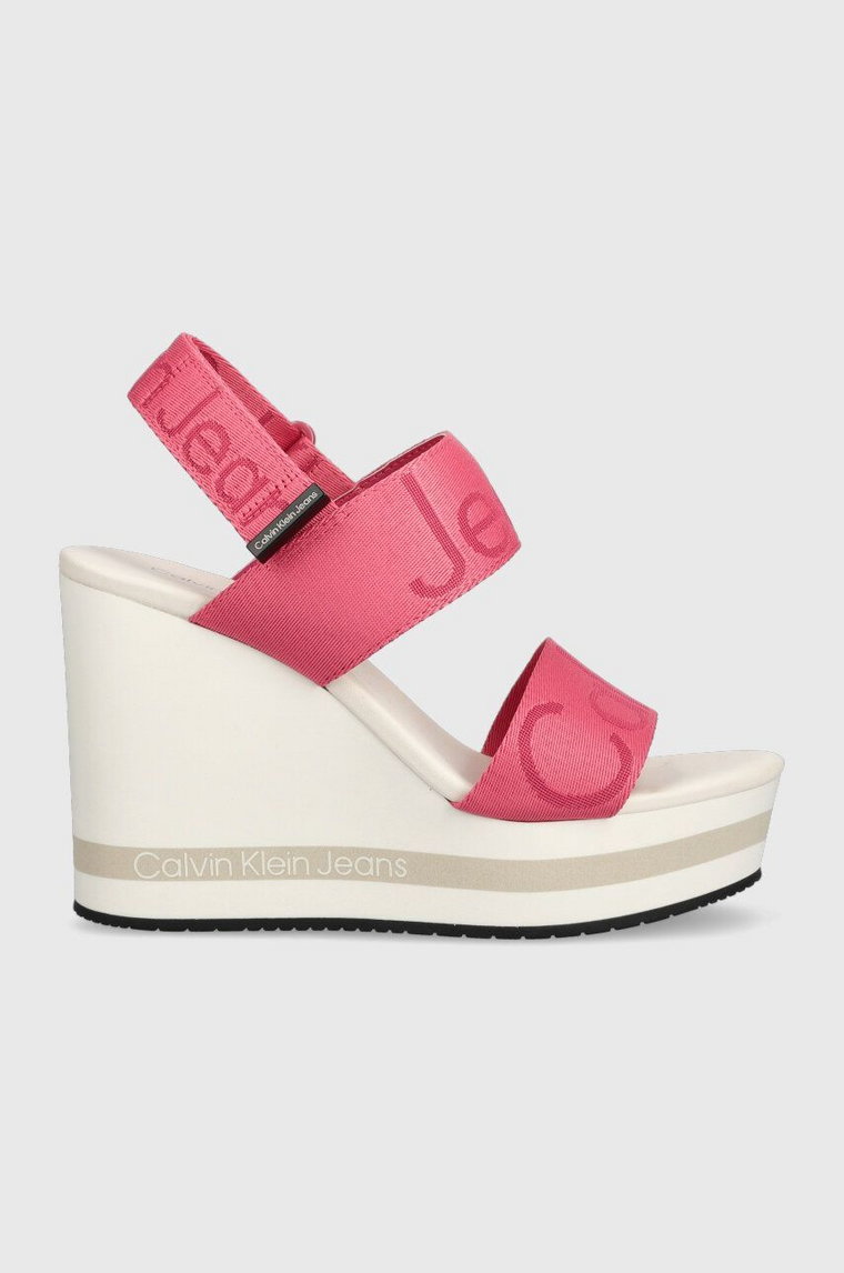 Calvin Klein Jeans sandały WEDGE SANDAL WEBBING damskie kolor różowy na koturnie YW0YW00959