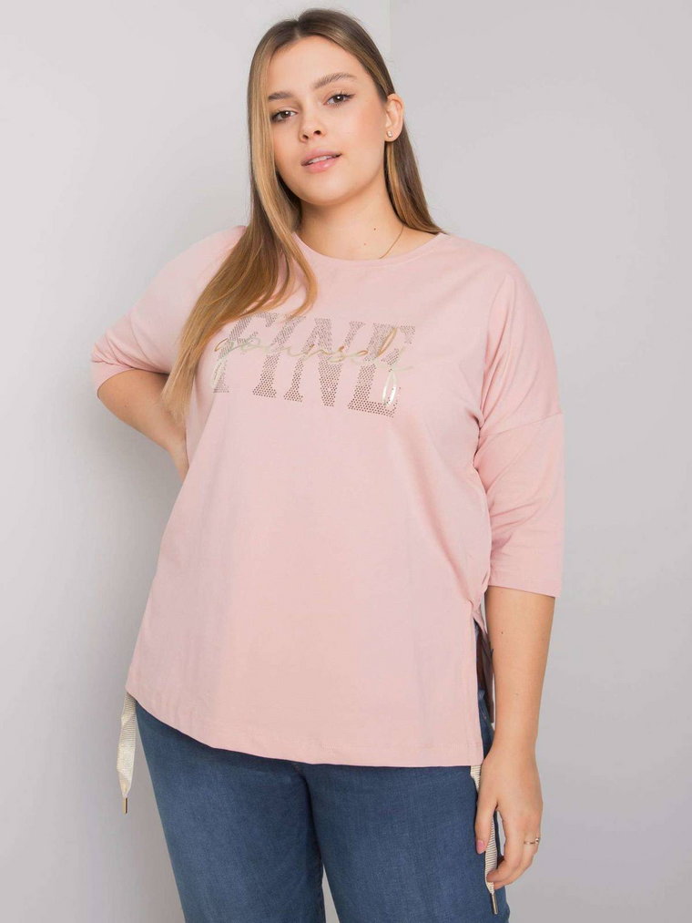 Bluzka plus size jasny różowy casual dekolt okrągły rękaw 3/4 dżety