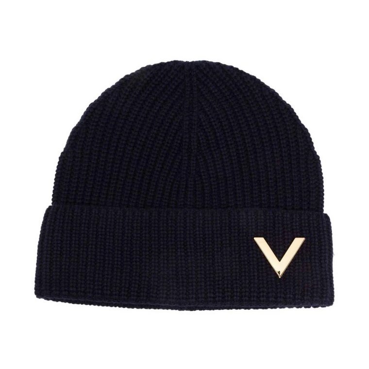 Niebieska czapka z kaszmiru z metalowym aplikacją V Valentino Garavani