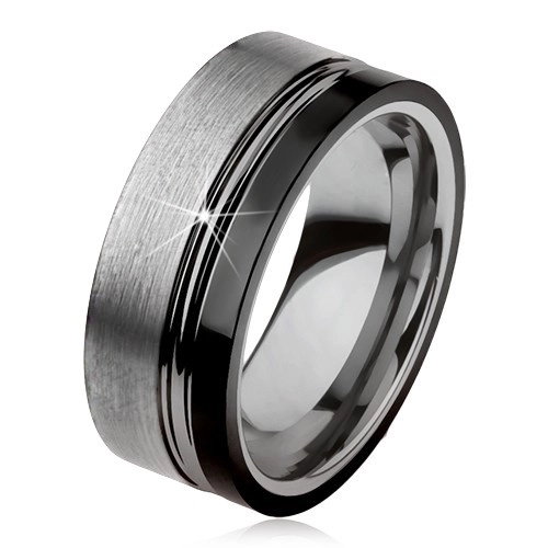 Wolframowy pierścionek, dwa nacięcia, srebrny i czarny kolor, lśniąco-matowa powierzchnia - Rozmiar : 49