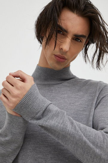 Drykorn sweter wełniany męski kolor szary lekki z półgolfem