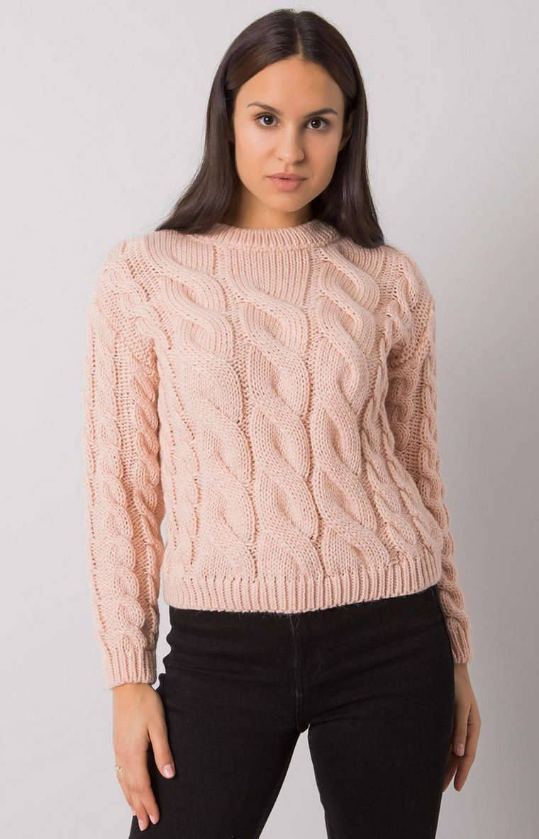 Sweter damski w warkocze jasnoróżowy TO-SW-2535.27X, Kolor jasny róż, Rozmiar one size, Rue Paris