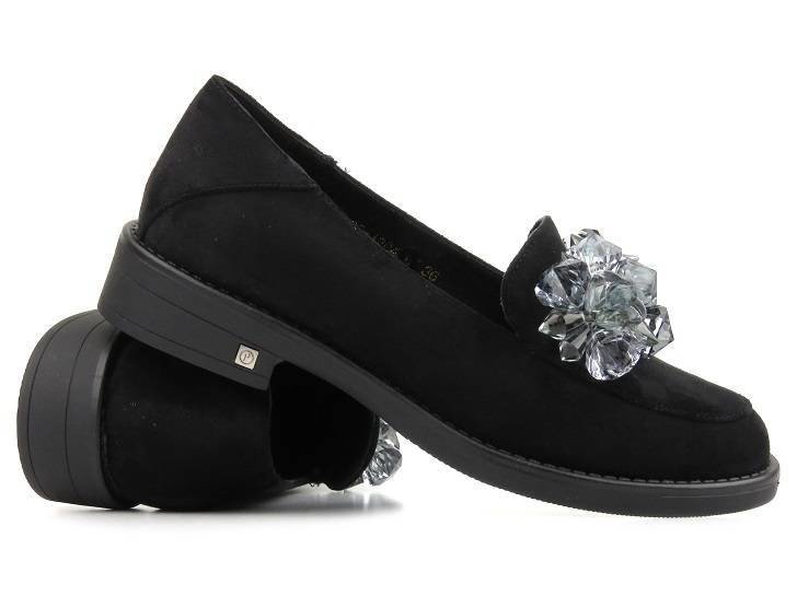 Eleganckie półbuty, loafersy damskie zamszowe - Potocki 23-12043BK, czarne