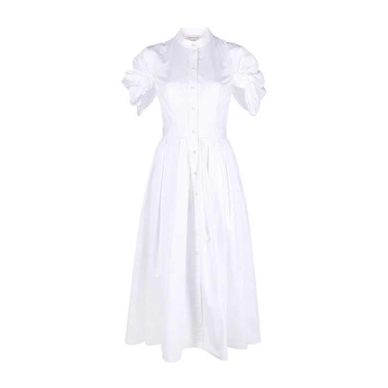 Biała Sukienka z Bawełnianej Popeliny z Logo-Wytłoczonymi Guzikami Alexander McQueen