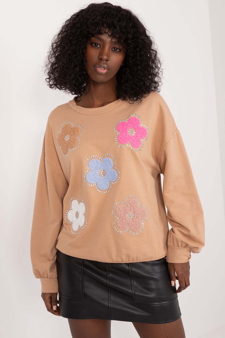 Bawełniana bluza beżowa damska w kolorowe kwiaty