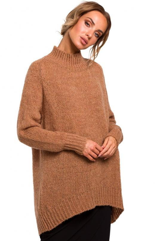 Sweter damski oversize asymetryczny sweter z wełną brązowy