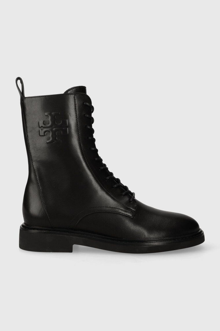 Tory Burch botki skórzane DOUBLE T COMBAT BOOT damskie kolor czarny na płaskim obcasie 154336-006