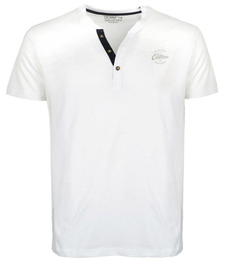 T-shirt Bawełniany Biały z Guzikami, z Krótkim Rękawem, Męski z Nadrukiem, U-neck -PAKO JEANS