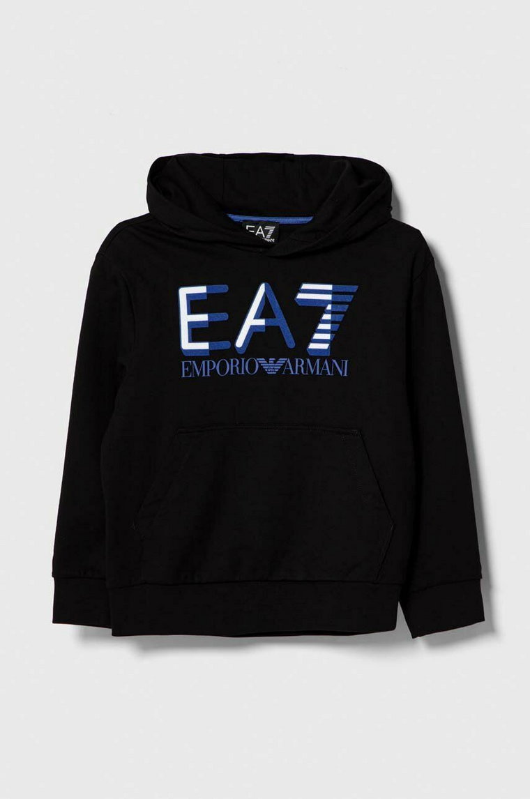 EA7 Emporio Armani bluza bawełniana dziecięca kolor czarny z kapturem z nadrukiem
