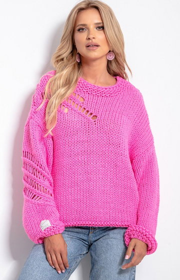 Sweter z wełną Chunky Knit F1054, Kolor różowy, Rozmiar one size, Fobya