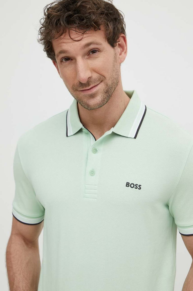 Boss Green polo bawełniane kolor zielony gładki