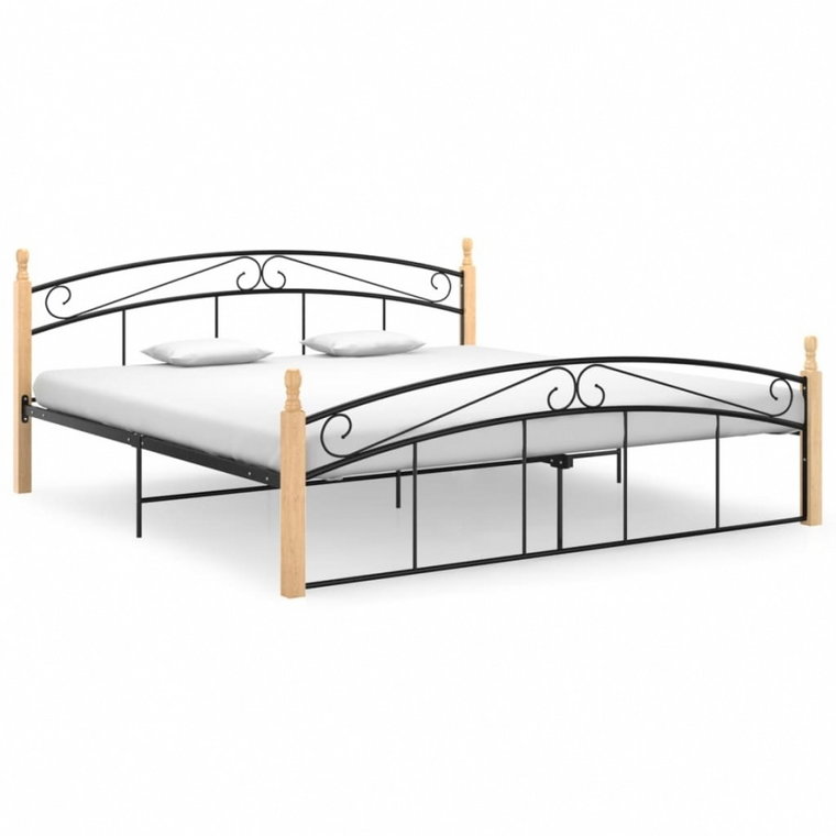 Rama łóżka, czarny metal i lite drewno dębowe, 180x200 cm kod: V-324930