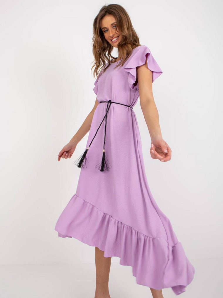 Sukienka z falbaną jasny fioletowy letnia codzienna dekolt okrągły rękaw krótki długość midi pasek falbana frędzle