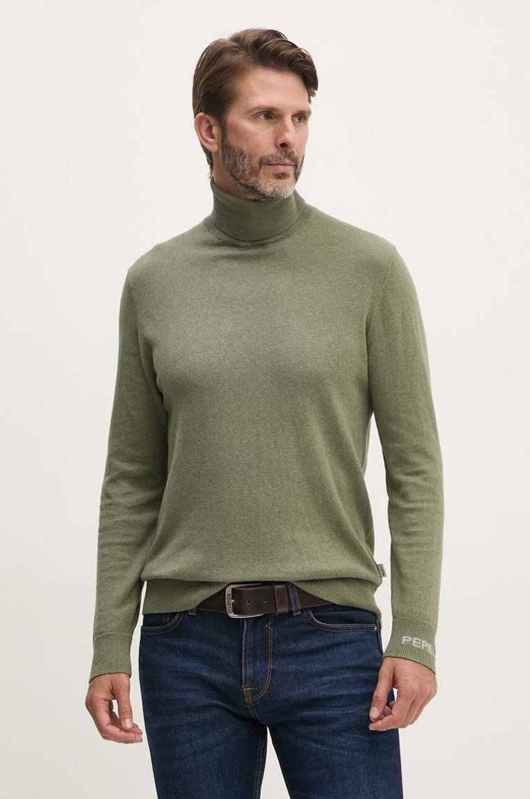 Pepe Jeans sweter z domieszką wełny NEW ANDRE TURTLE NECK męski kolor zielony lekki z golferm PM702470