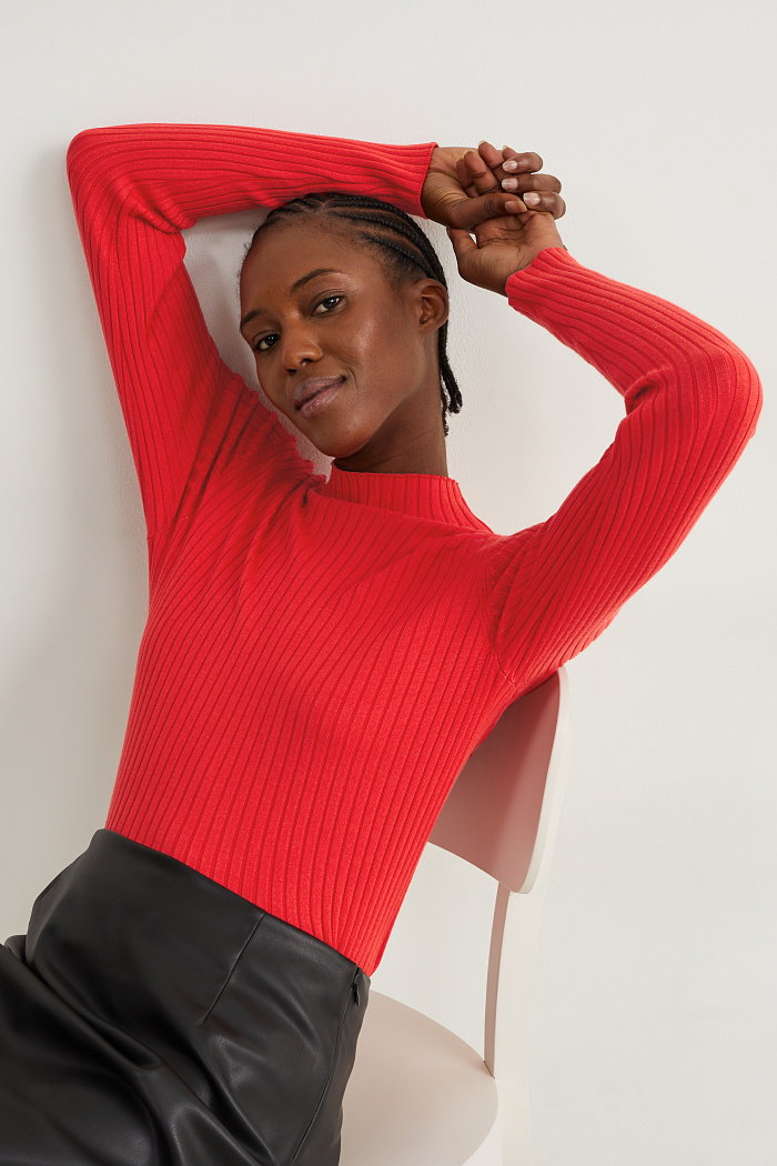 C&A Sweter ze stójką-w prążki, Czerwony, Rozmiar: XL