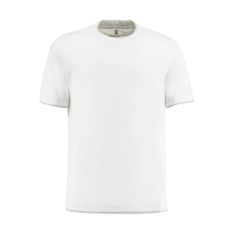 Perłowa Biała Koszulka Slim-Fit z Kontrastującymi Wstawkami Brunello Cucinelli