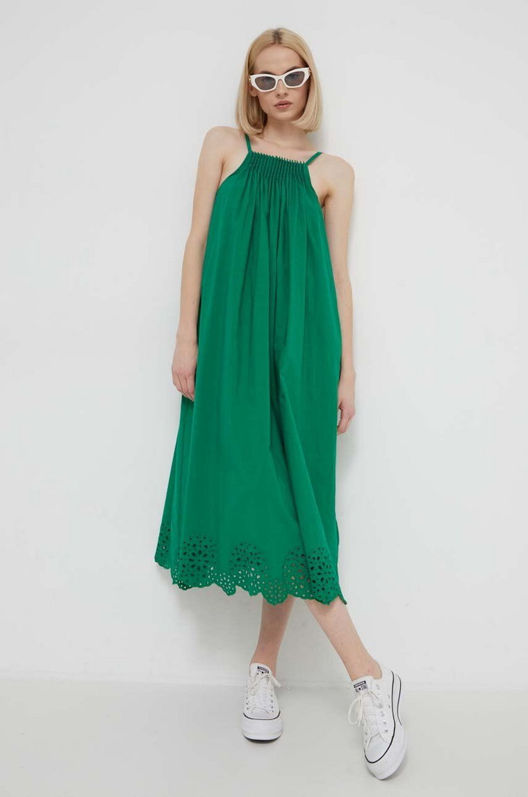 Desigual sukienka bawełniana kolor zielony maxi rozkloszowana