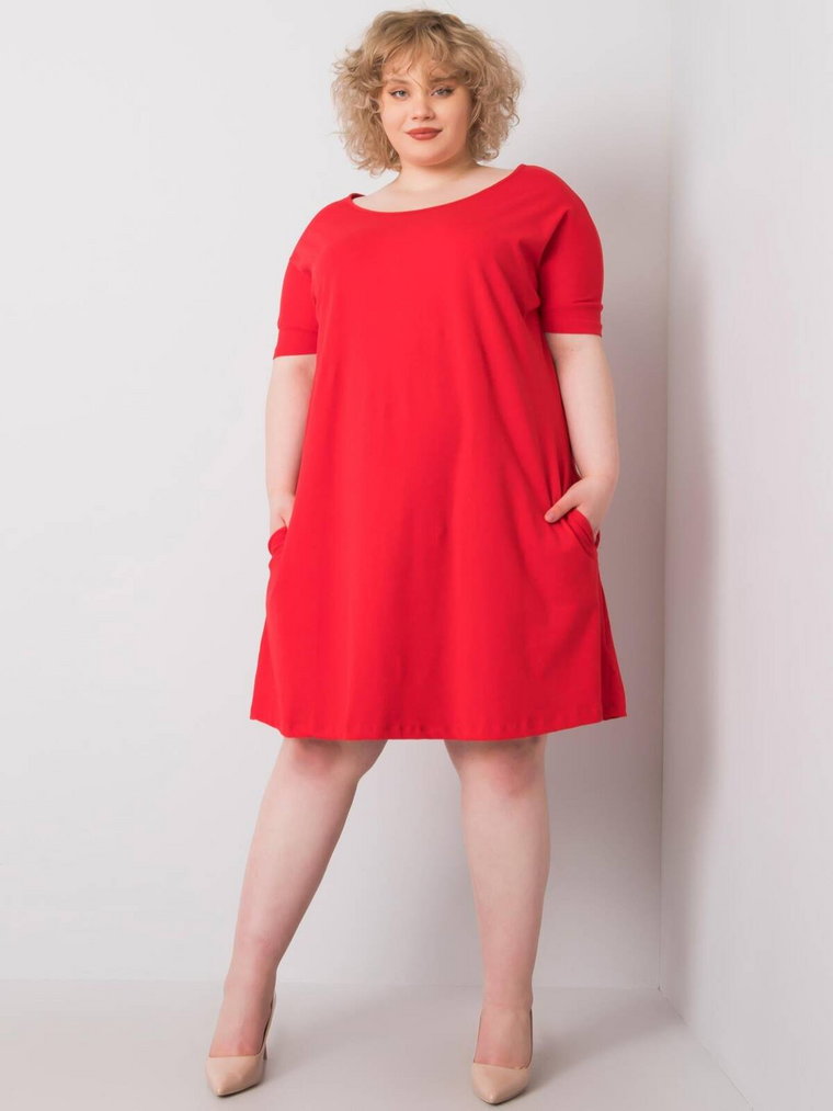 Sukienka plus size czerwony casual codzienna dekolt okrągły rękaw krótki długość midi