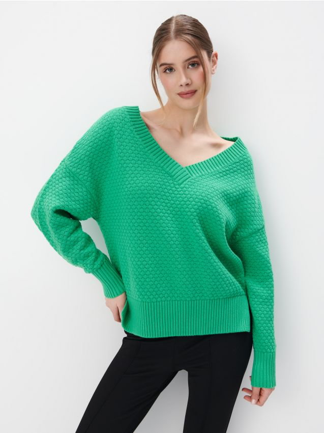 Mohito - Zielony sweter z dekoltem V - zielony