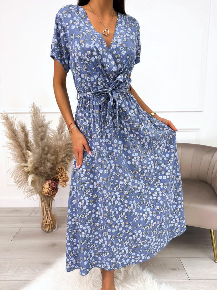 Błękitna Sukienka Maxi w Kwiaty