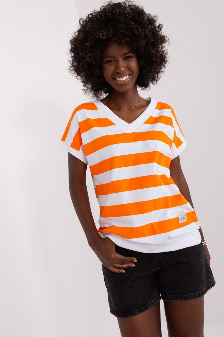 Biało-pomarańczowa damska bluzka basic z bawełny