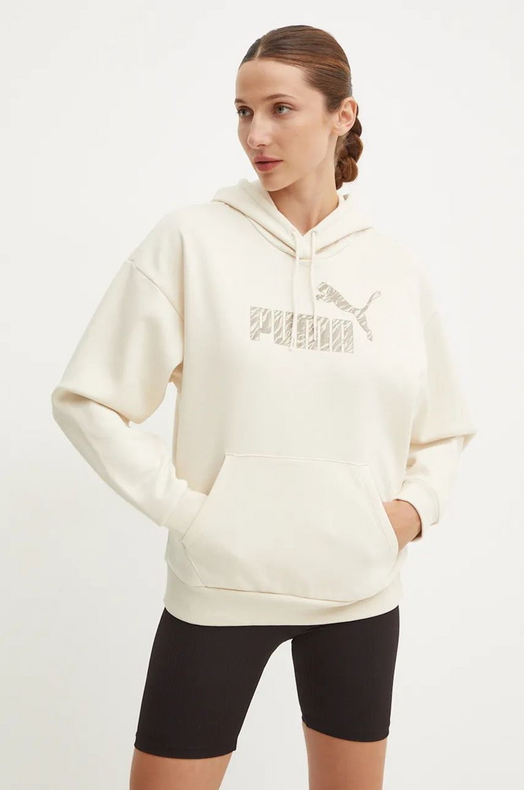 Puma bluza damska kolor beżowy z kapturem z nadrukiem 681492