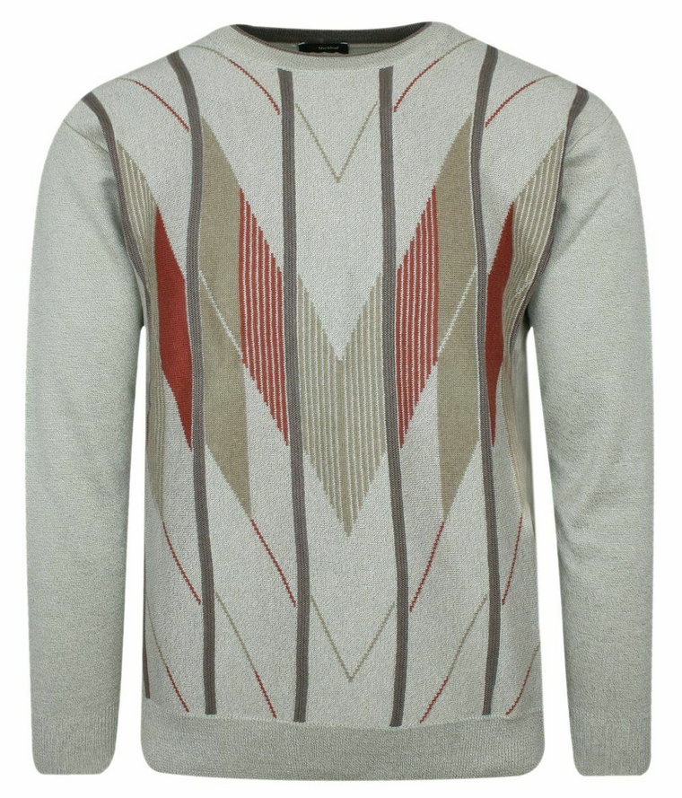 Sweter Popielaty, Wzór Geometryczny, Okrągły Dekolt (U-neck), Męski - MAX SHELDON