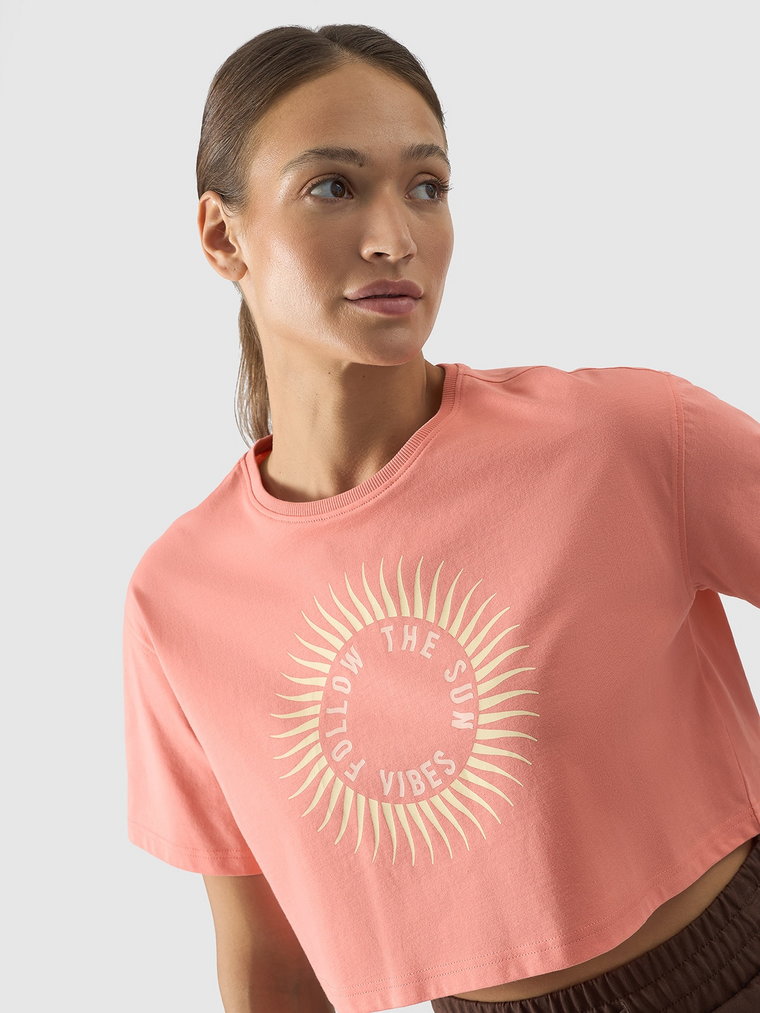 T-shirt crop top z nadrukiem damski - łososiowy