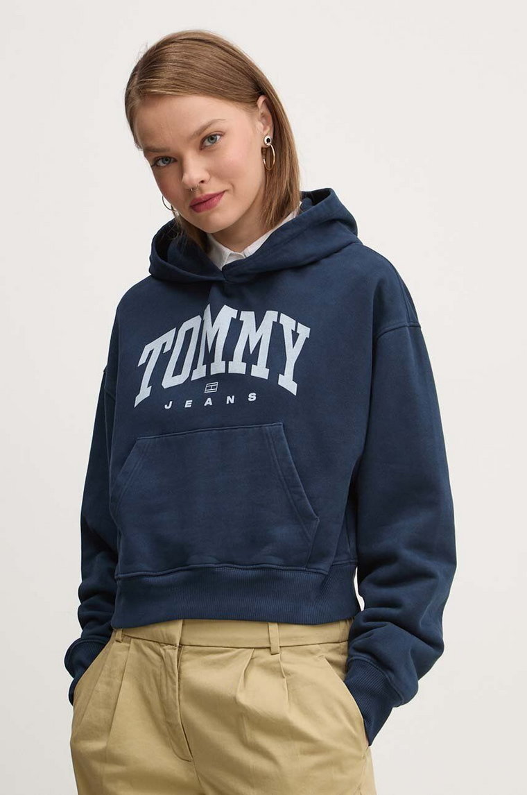 Tommy Jeans bluza bawełniana damska kolor granatowy z kapturem z nadrukiem DW0DW19291