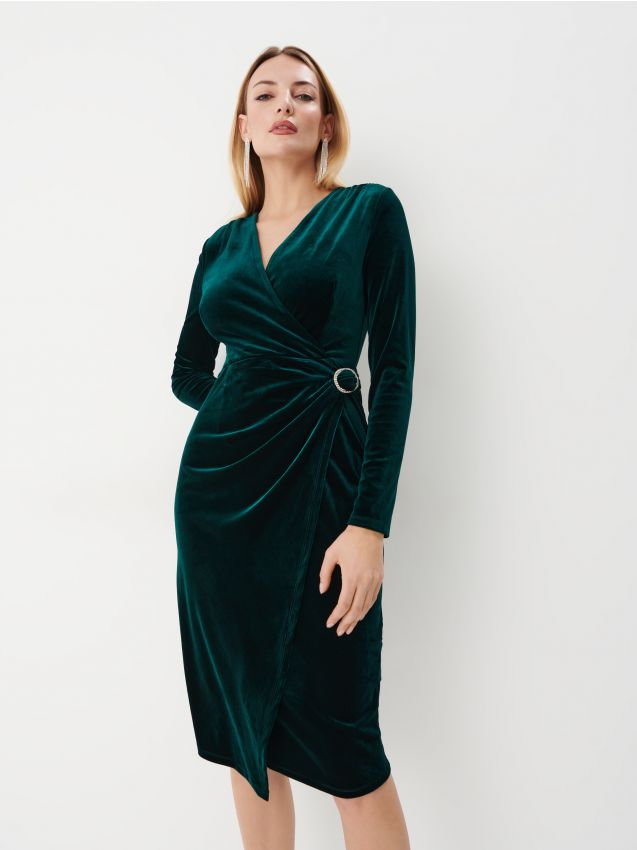 Mohito - Butelkowa welurowa sukienka midi - ciemny zielony