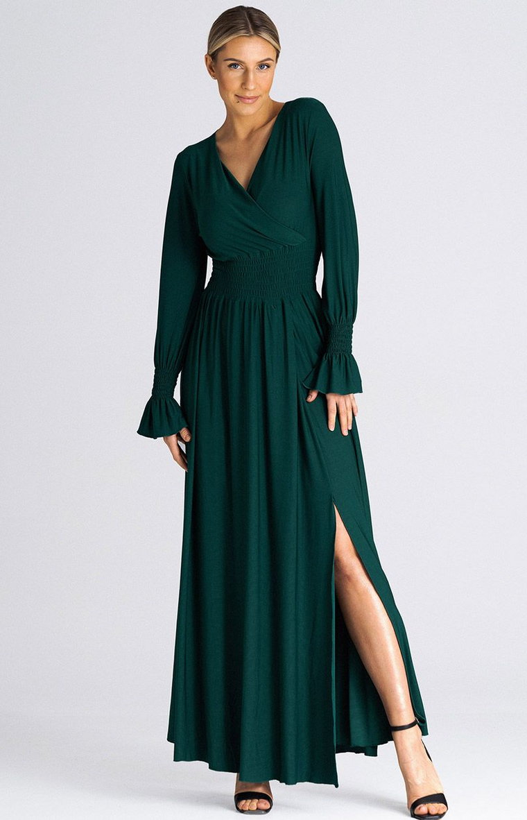 Długa oliwkowa sukienka z bufiastym rękawem M940, Kolor zielony, Rozmiar L/XL, Figl