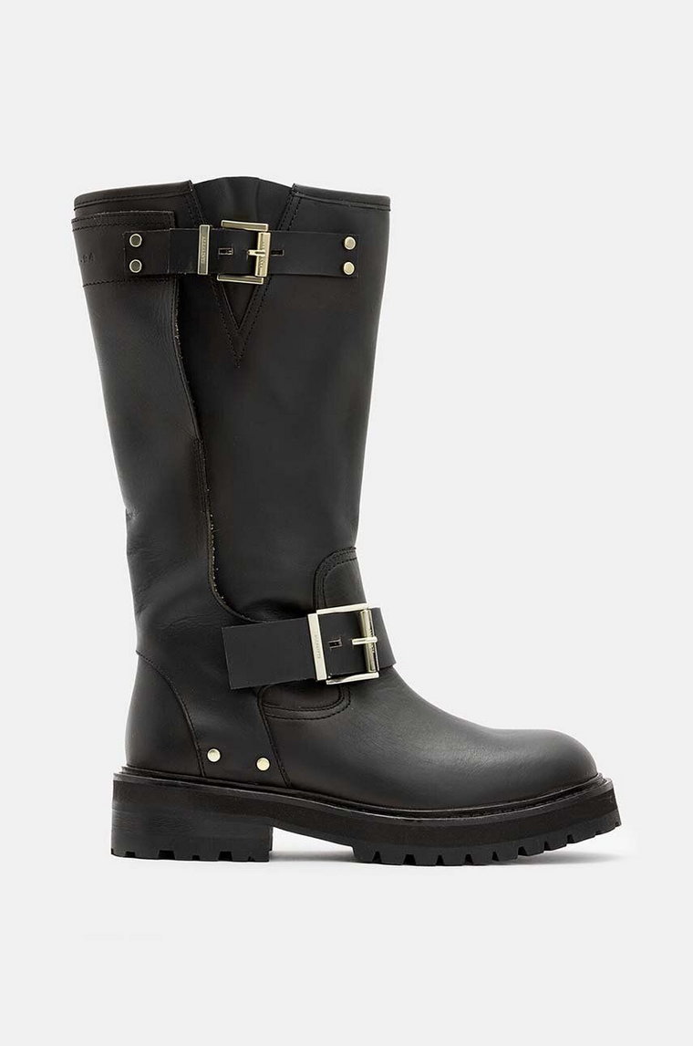 AllSaints kozaki skórzane Tay Biker Boot damskie kolor czarny na płaskim obcasie W026FA