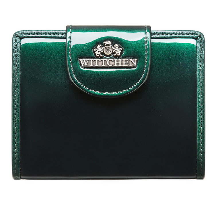 Damski portfel ze skóry lakierowany z ozdobną napą ciemny zielony