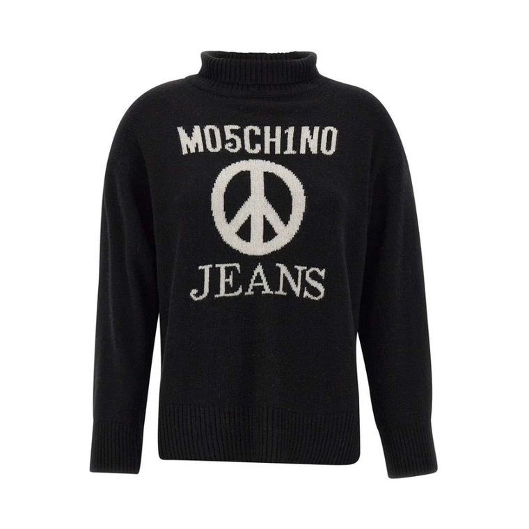 Czarny wełniany sweter z wysokim kołnierzem dla kobiet Moschino